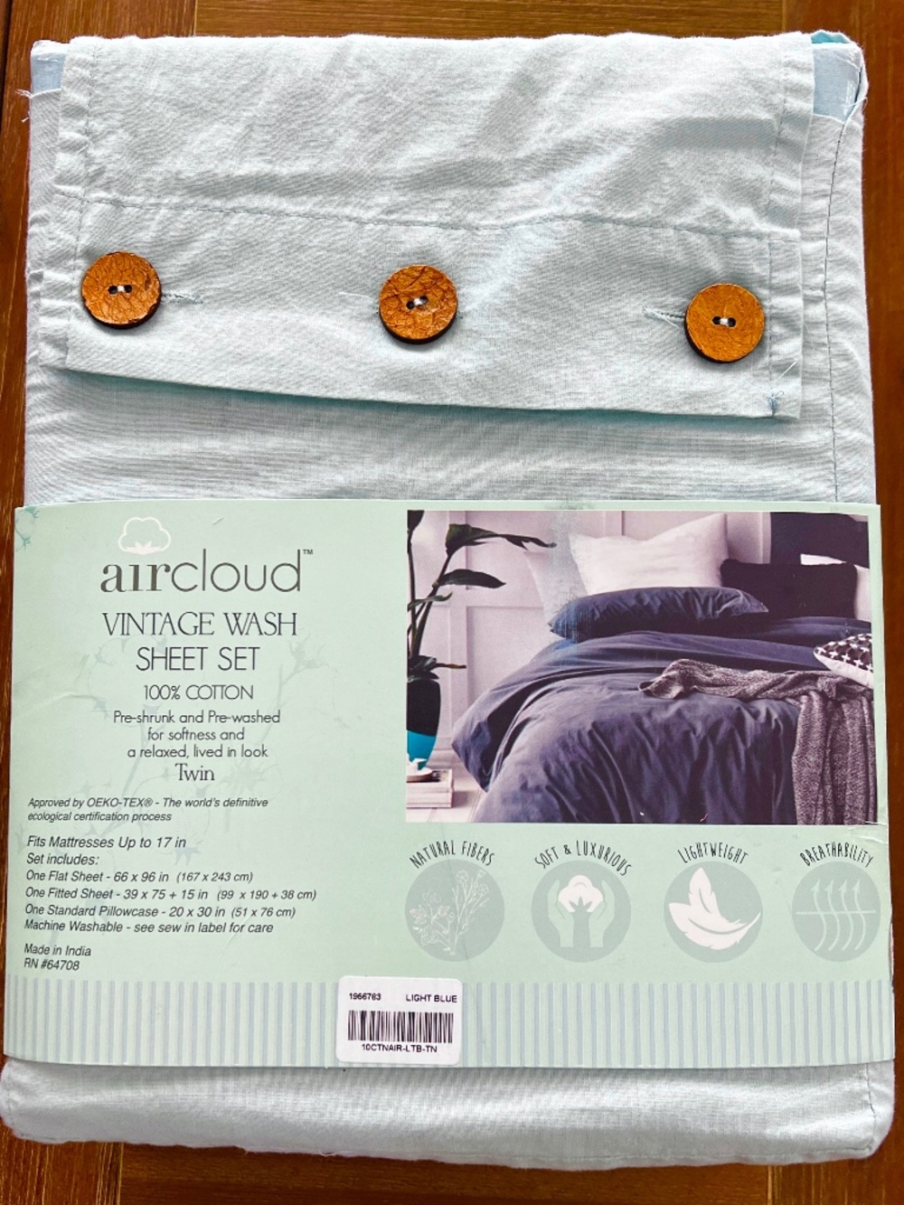 Aircloud™ Vintage Wash Twin Sheet Set | 100% Cotton | Light Blue